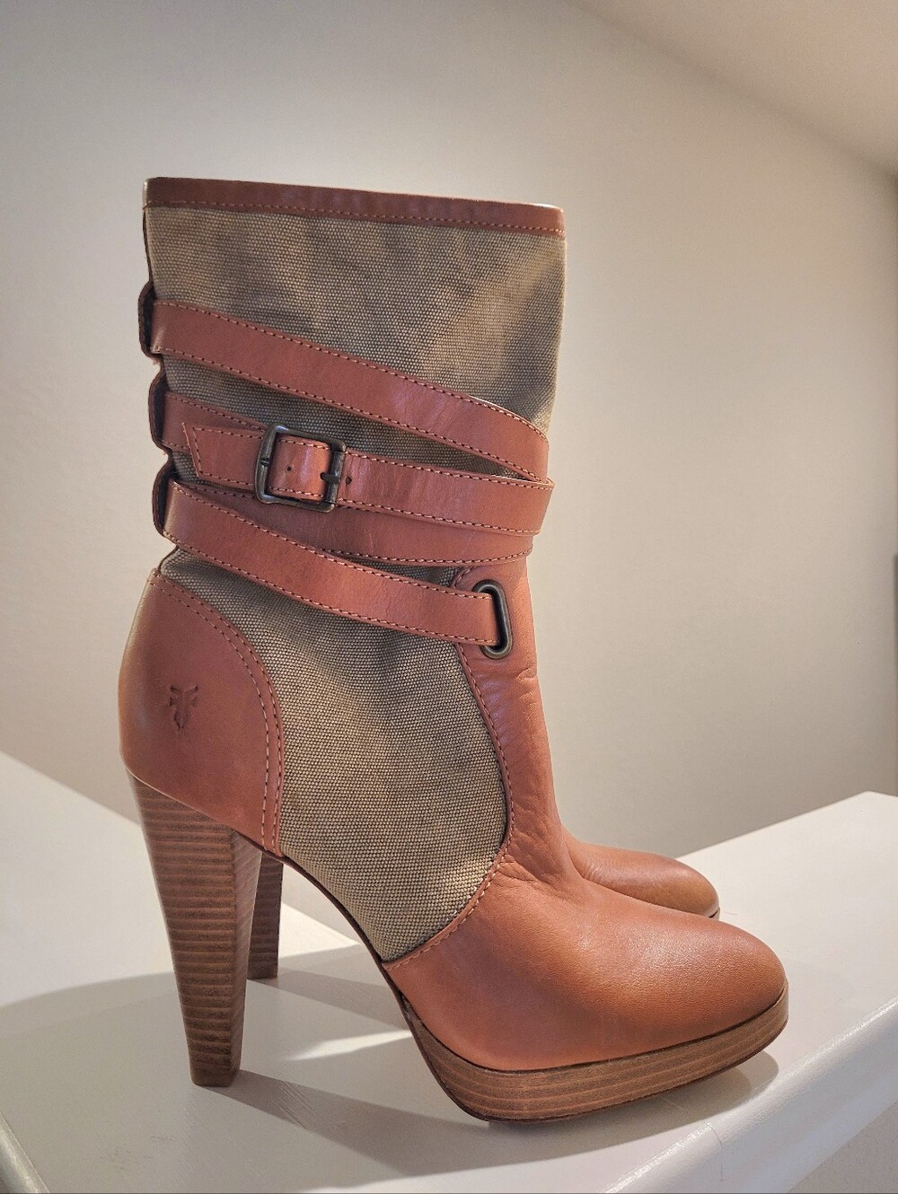 Frye Tan Leather & Canvas Wrapped-Strap High Heel Boot
